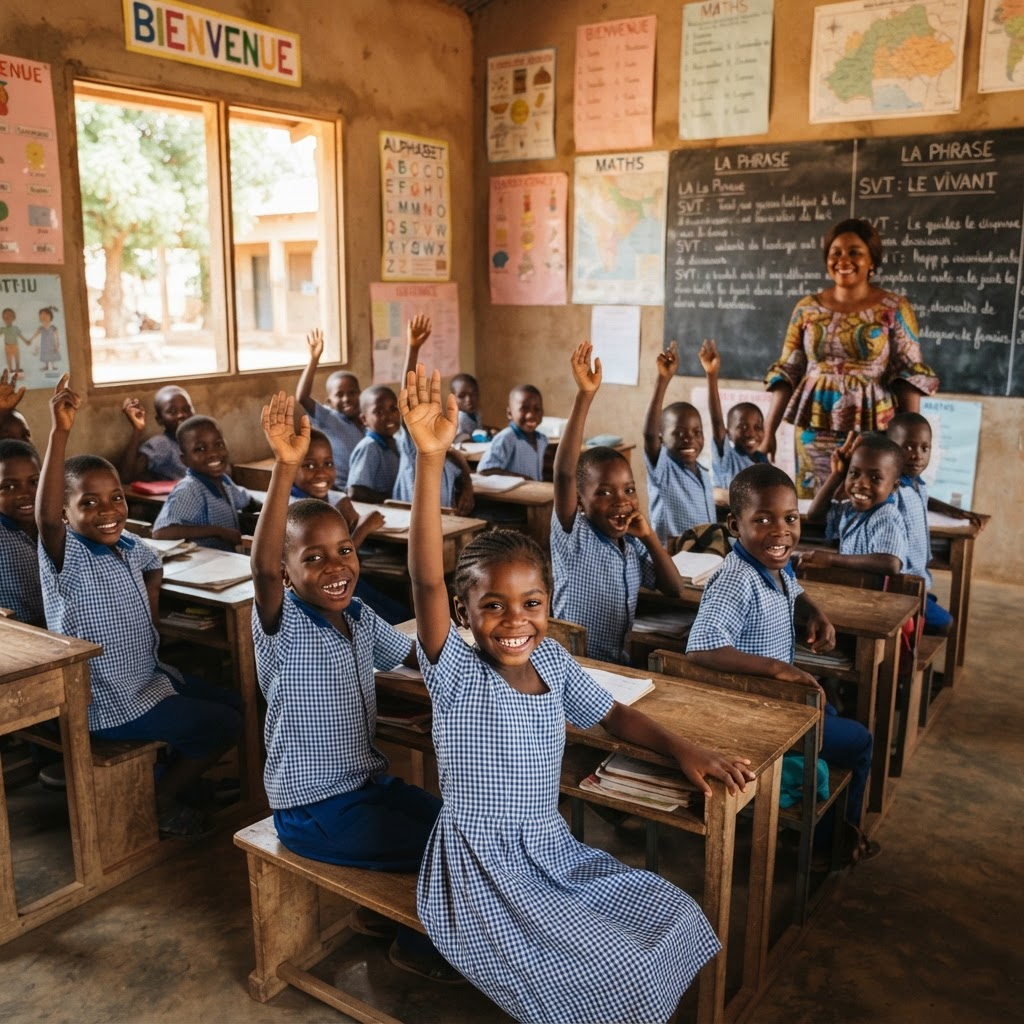 Élèves souriants en classe à CSP Les Anges de Dieux, Parakou